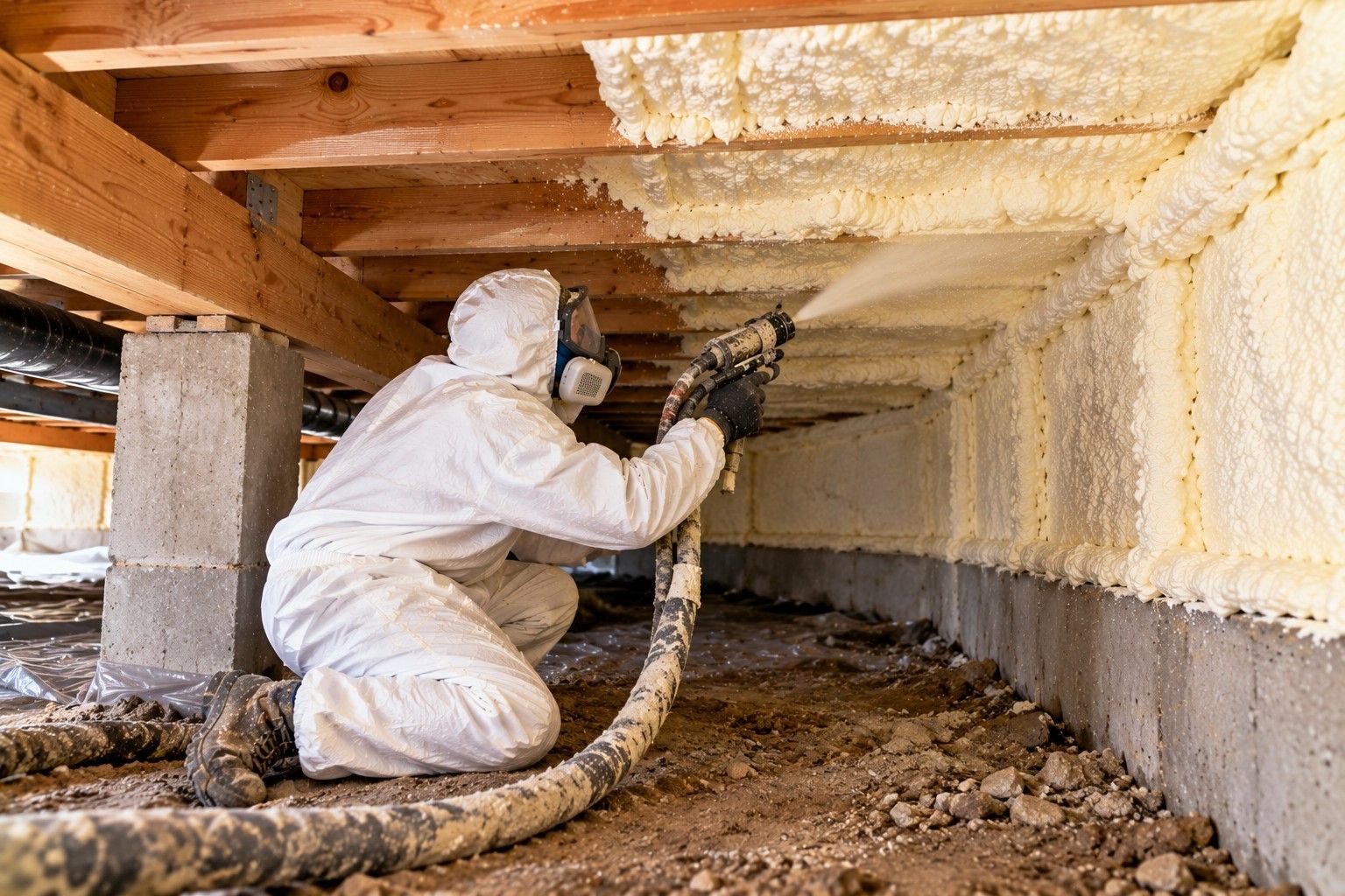 Professional crawl space insulation contractor wearing full white protective gear, gloves, and a respirator spraying foam insulation between wooden floor joists and along concrete foundation walls inside a residential crawl space in Fall River, Massachusetts.