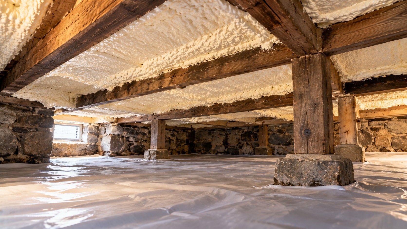 Finished spray foam crawl space insulation beneath a historic raised home with timber supports and stone foundation walls.