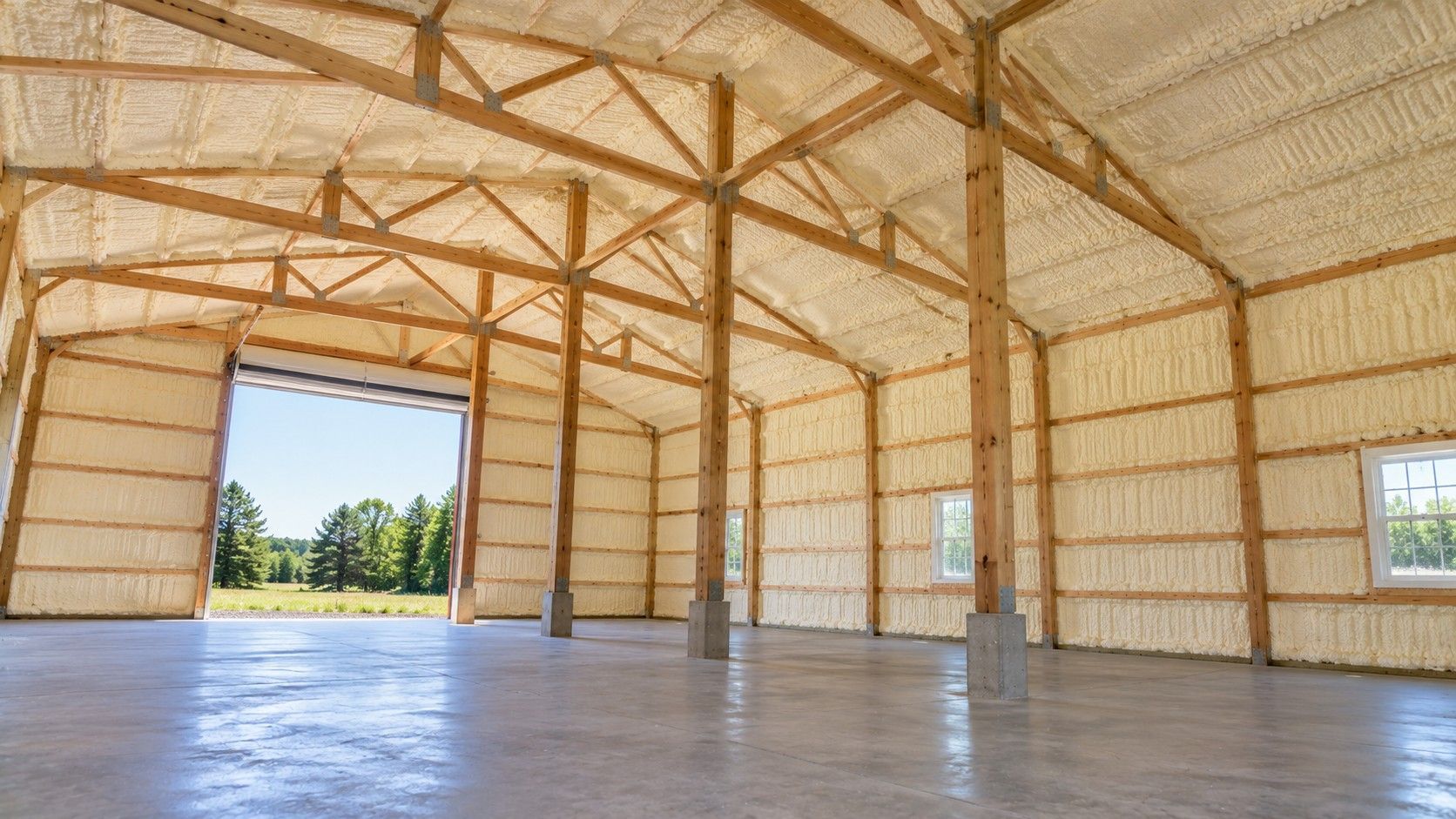Completed pole barn spray foam insulation covering metal roofing and interior walls of an agricultural storage building.