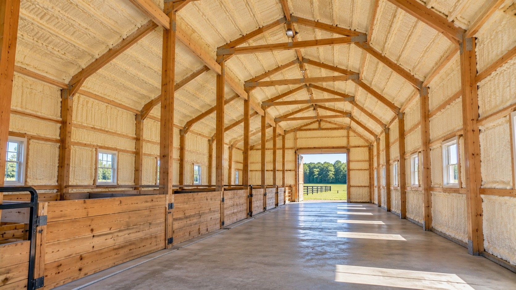 Completed pole barn spray foam insulation covering the roof and walls of a rural livestock barn with wooden framing.