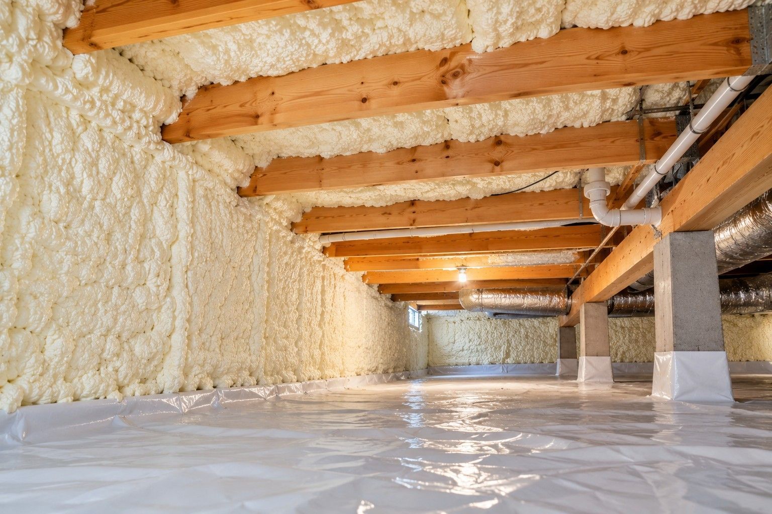 Completed crawl space spray foam insulation covering foundation walls and wooden floor joists, featuring a clean white vapor barrier, exposed plumbing, and HVAC ductwork beneath a residential home in Fall River, Massachusetts.