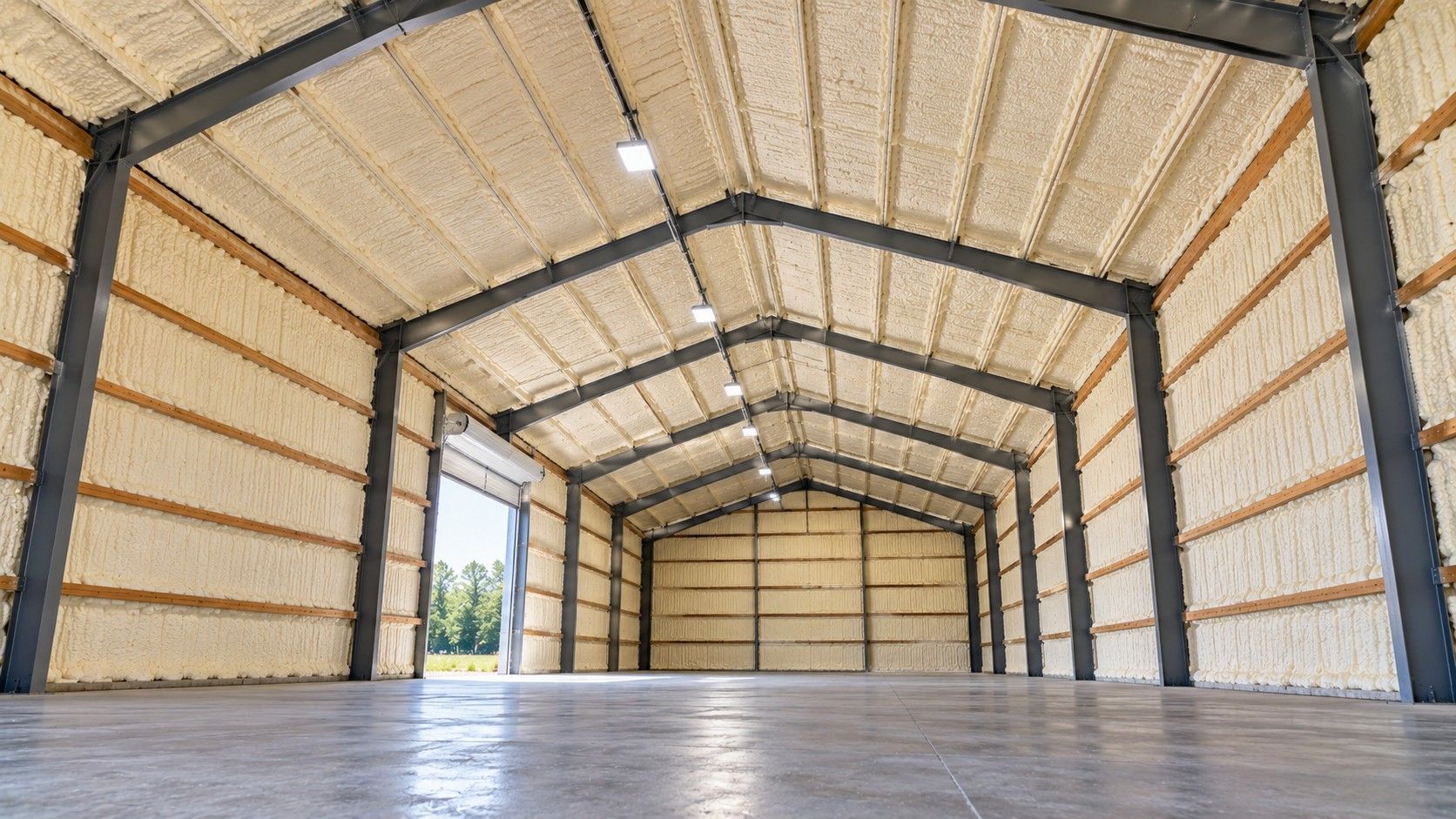 Completed commercial pole barn spray foam insulation covering high metal ceilings and walls with exposed structural supports.