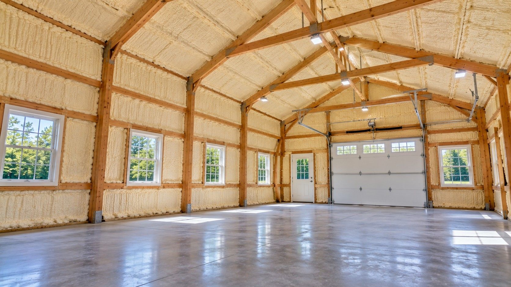 Finished spray foam insulation inside a residential pole barn workshop with insulated walls, pitched roof, and wooden framing.