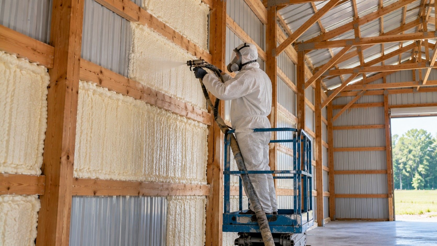Professional insulation technician wearing protective equipment applying spray foam insulation to the interior metal walls of a pole barn.