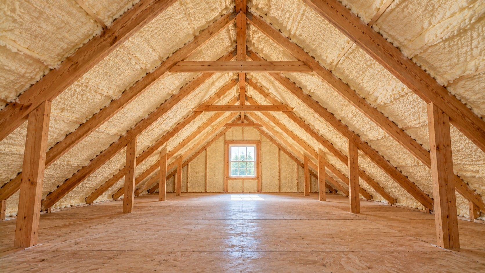 Hyper-realistic professional construction photography of a fully completed closed-cell spray foam insulation installation inside a large commercial metal warehouse in Massachusetts. Low-angle camera perspective from the front-right corner looking upward toward the high industrial ceiling and expansive insulated sidewalls. Tall steel columns, exposed metal framing, and corrugated metal wall panels uniformly coated with professionally applied off-white closed-cell spray foam insulation. The insulation forms a continuous, dense textured surface across the metal roof underside and exterior walls while leaving the primary structural beams visible. Spacious rectangular warehouse layout with high ceilings, polished concrete flooring, and bright overhead LED lighting. Large industrial roll-up doors remain closed. Emphasize professional workmanship and consistent insulation thickness. No workers, machinery, tools, storage materials, or unfinished sections. Ultra-realistic commercial architectural photography, 16:9 landscape composition, high resolution.