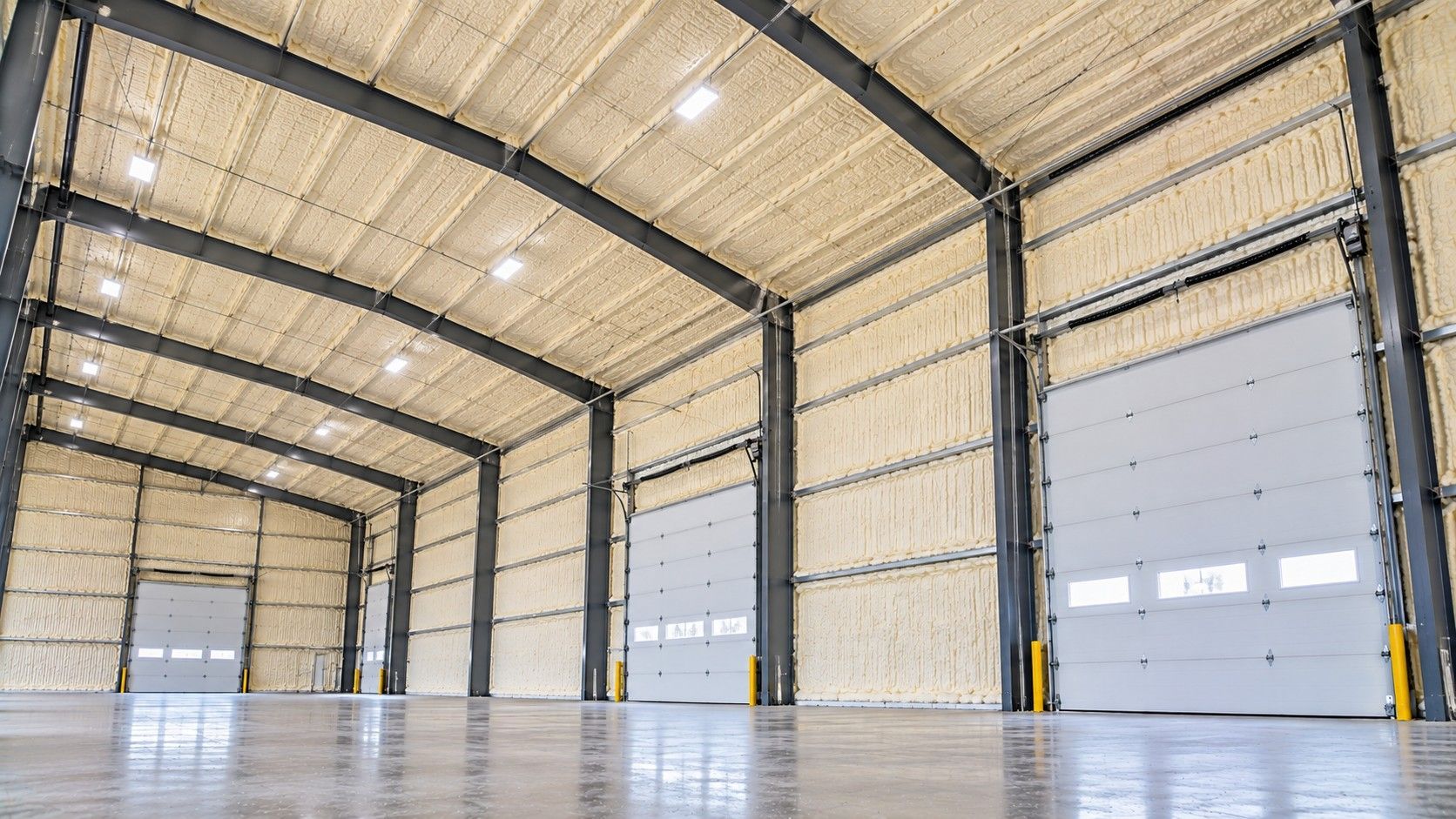 Finished closed-cell spray foam insulation covering the interior metal walls and roof of a commercial warehouse with exposed steel framing.
