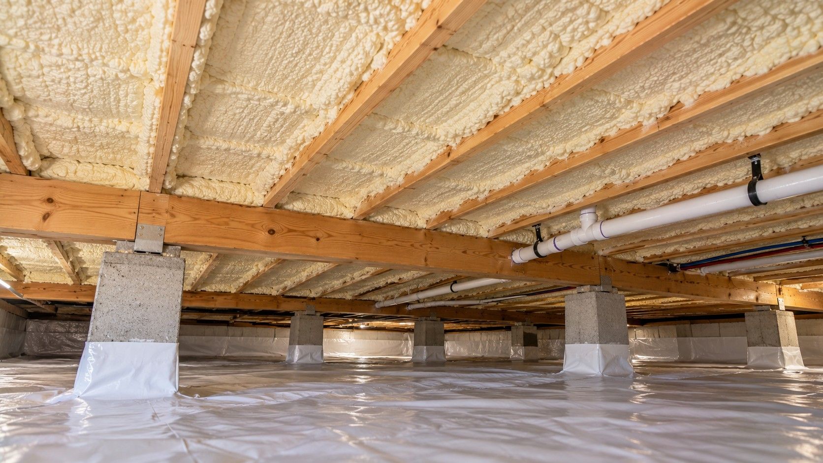 Completed closed-cell spray foam insulation beneath residential floor joists in a clean crawl space with concrete supports and vapor barrier.