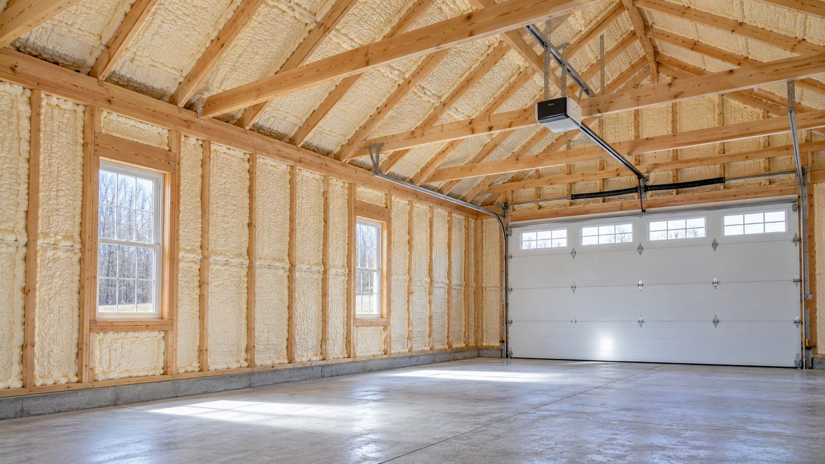 Completed closed-cell spray foam insulation inside a detached residential garage with insulated wooden wall framing and pitched roof.