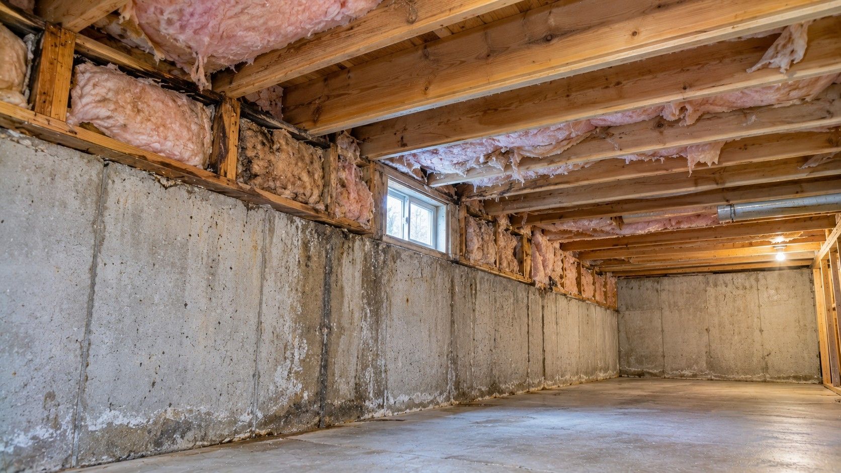 Poorly insulated residential basement with exposed rim joists, deteriorated fiberglass insulation, moisture stains, and gaps requiring closed-cell spray foam insulation.