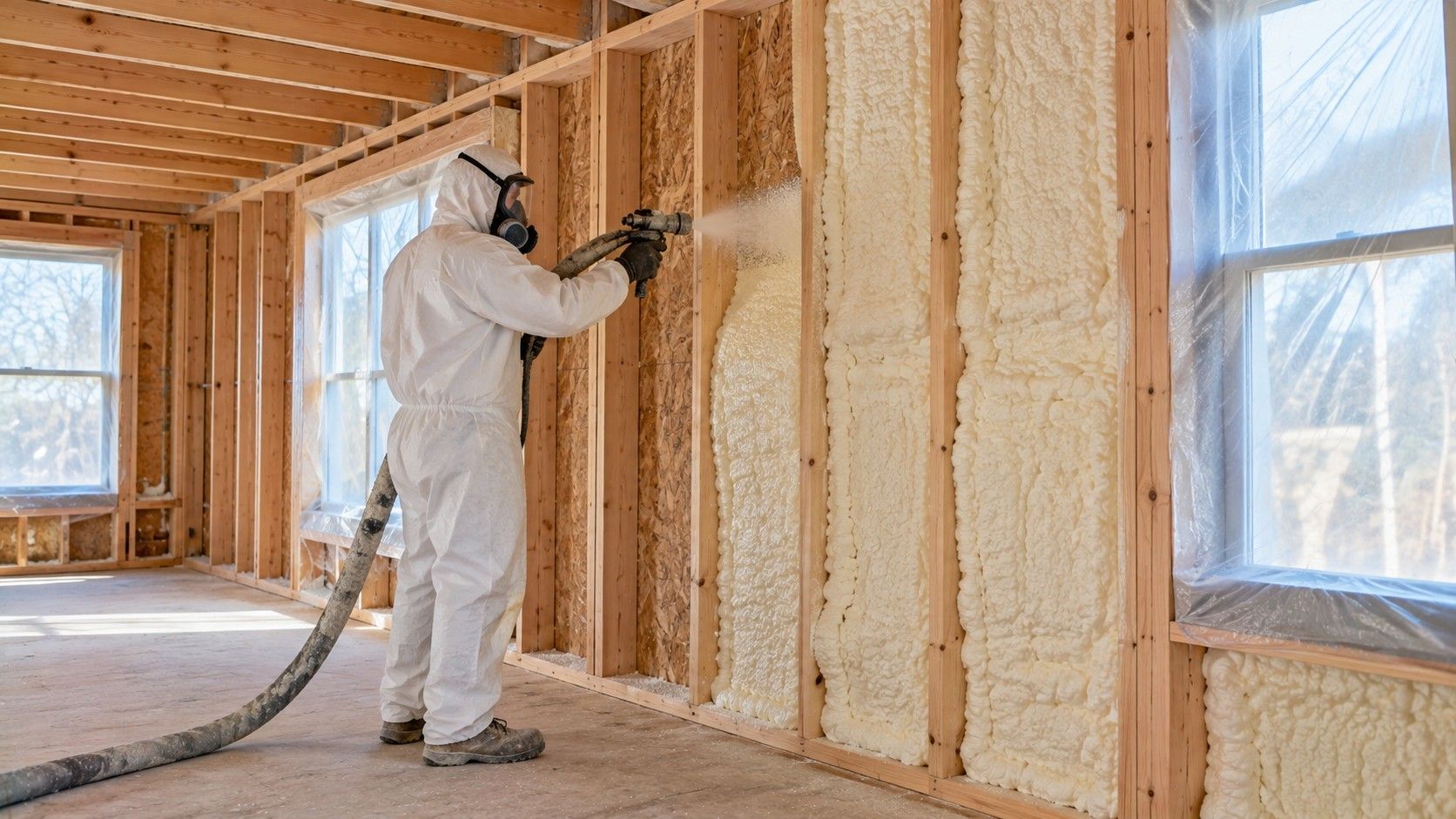 Professional insulation technician wearing protective equipment applying closed-cell spray foam insulation between wooden wall studs inside a residential building.