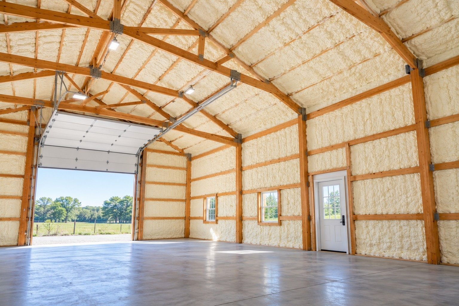 Completed pole barn spray foam insulation covering interior walls and vaulted roof panels, featuring exposed wooden beams, a spacious concrete floor, and large garage doors in Fall River, Massachusetts.