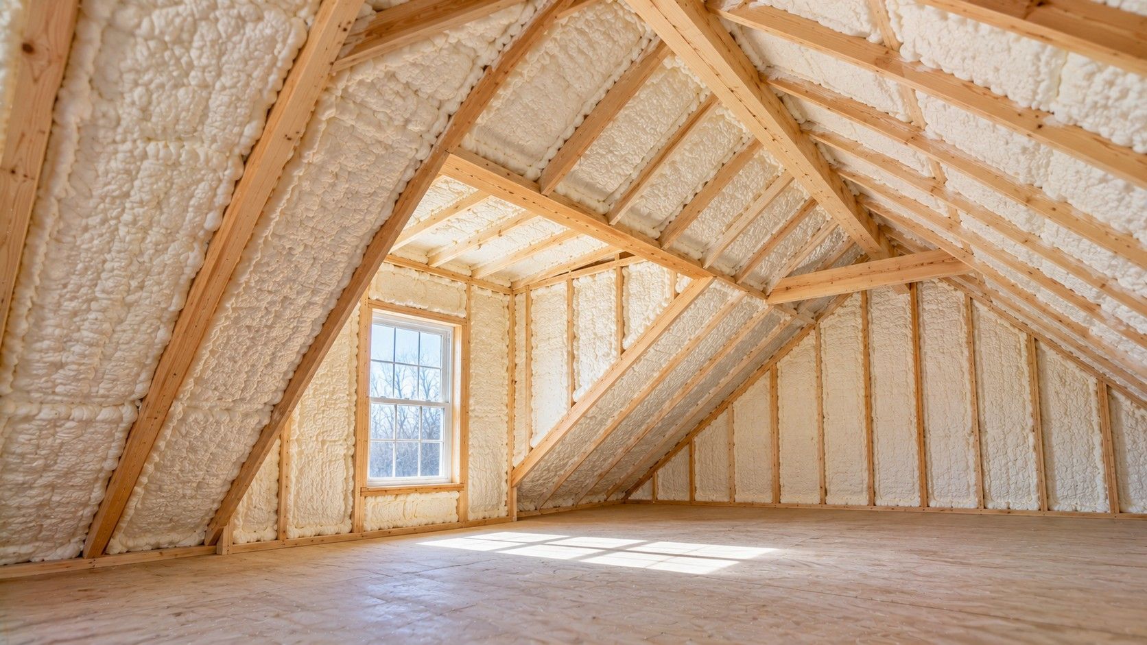 Completed open-cell spray foam insulation between wooden roof rafters inside a residential attic with uniform foam coverage.