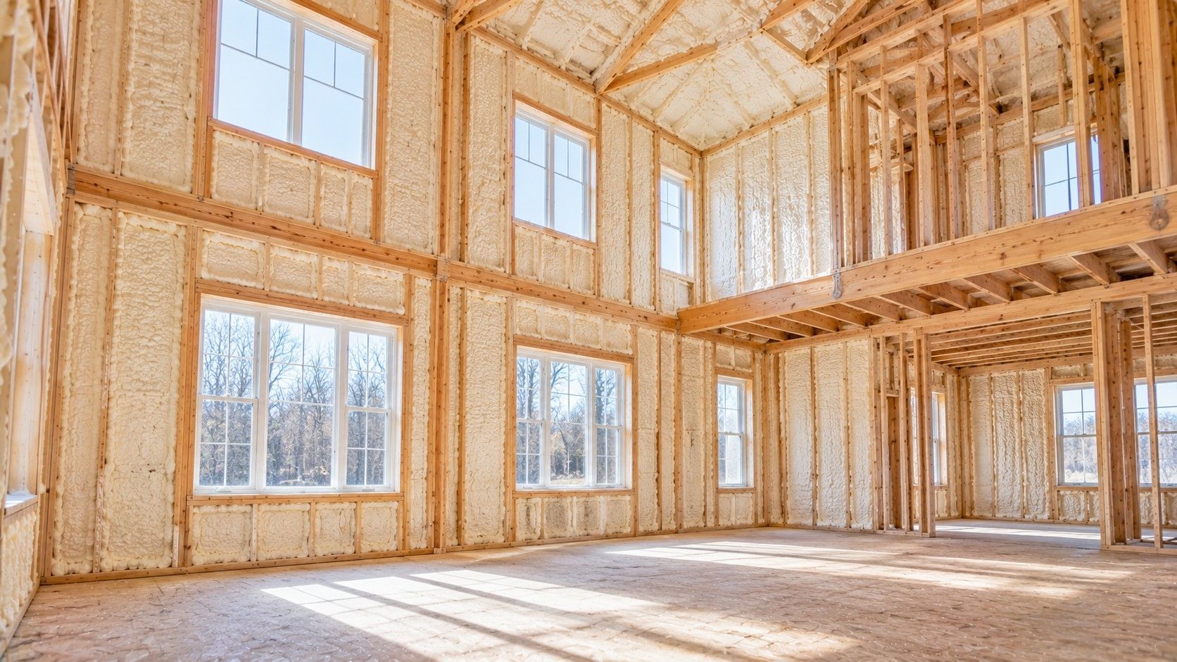 Completed open-cell spray foam insulation filling exposed wooden wall cavities inside a newly constructed residential home.