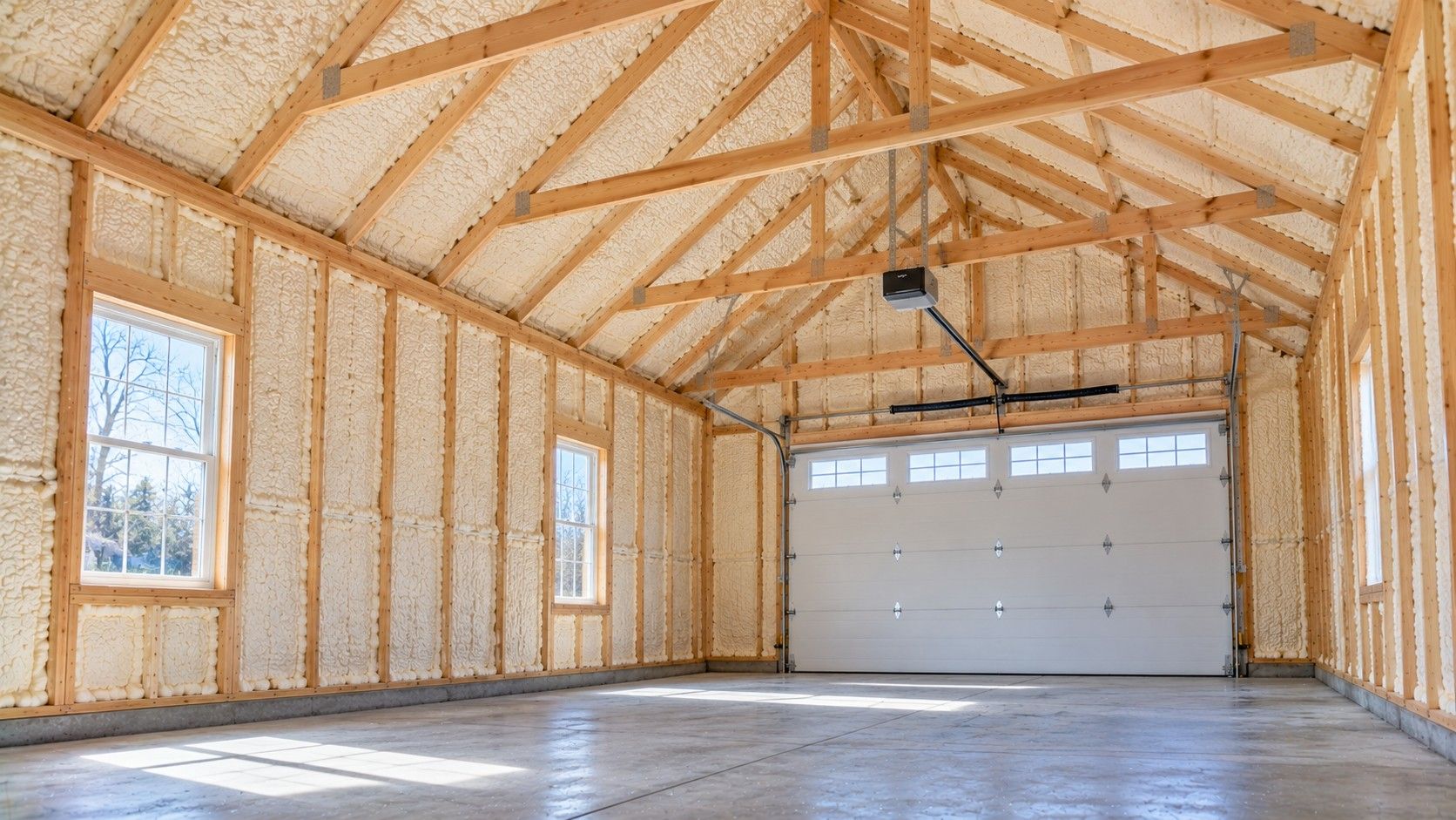 Finished open-cell spray foam insulation covering the vaulted ceiling and framed walls of a detached residential garage workshop.