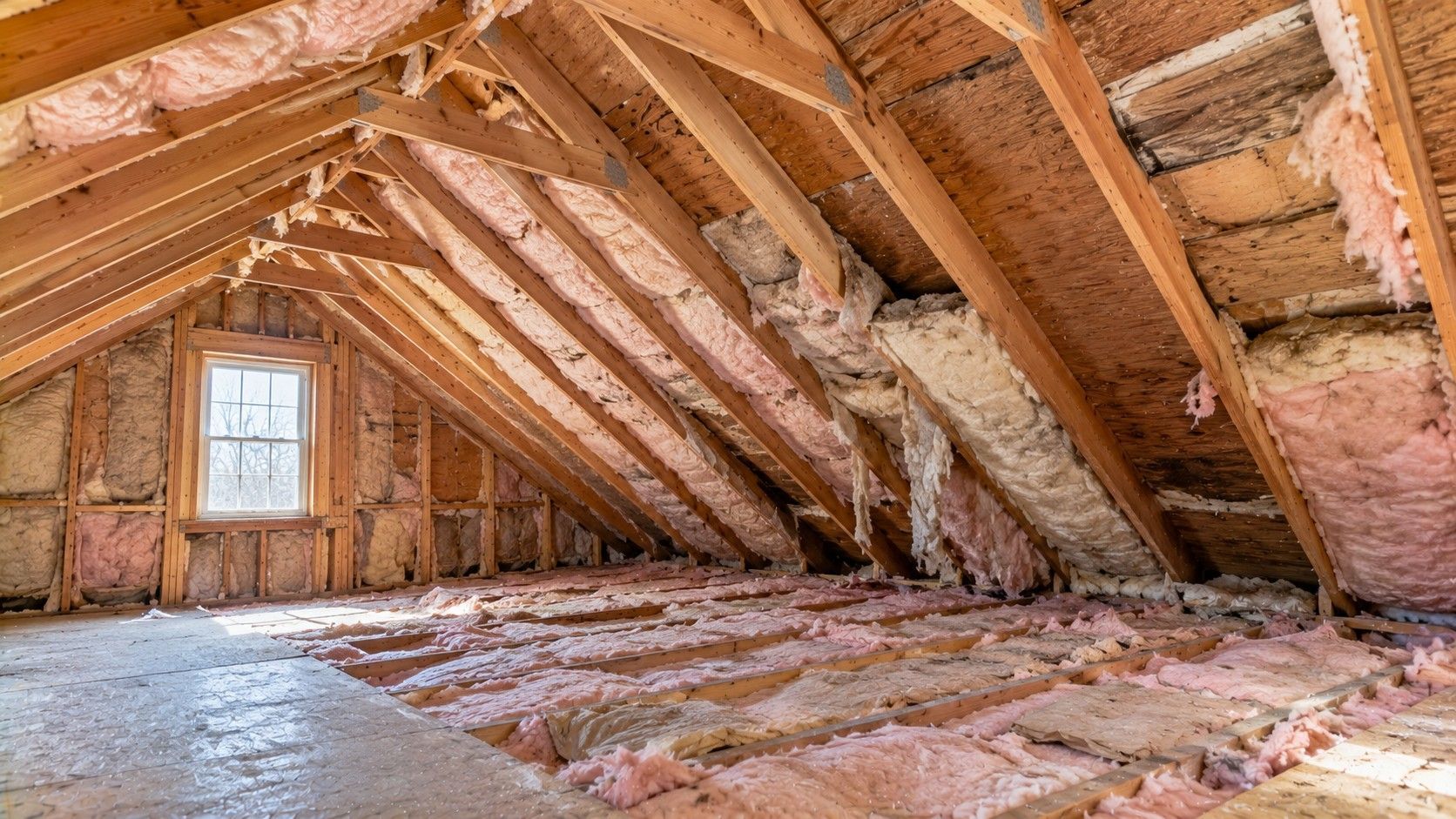 Poorly insulated residential attic with deteriorating fiberglass insulation, exposed wooden roof rafters, and large gaps requiring professional open-cell spray foam insulation.