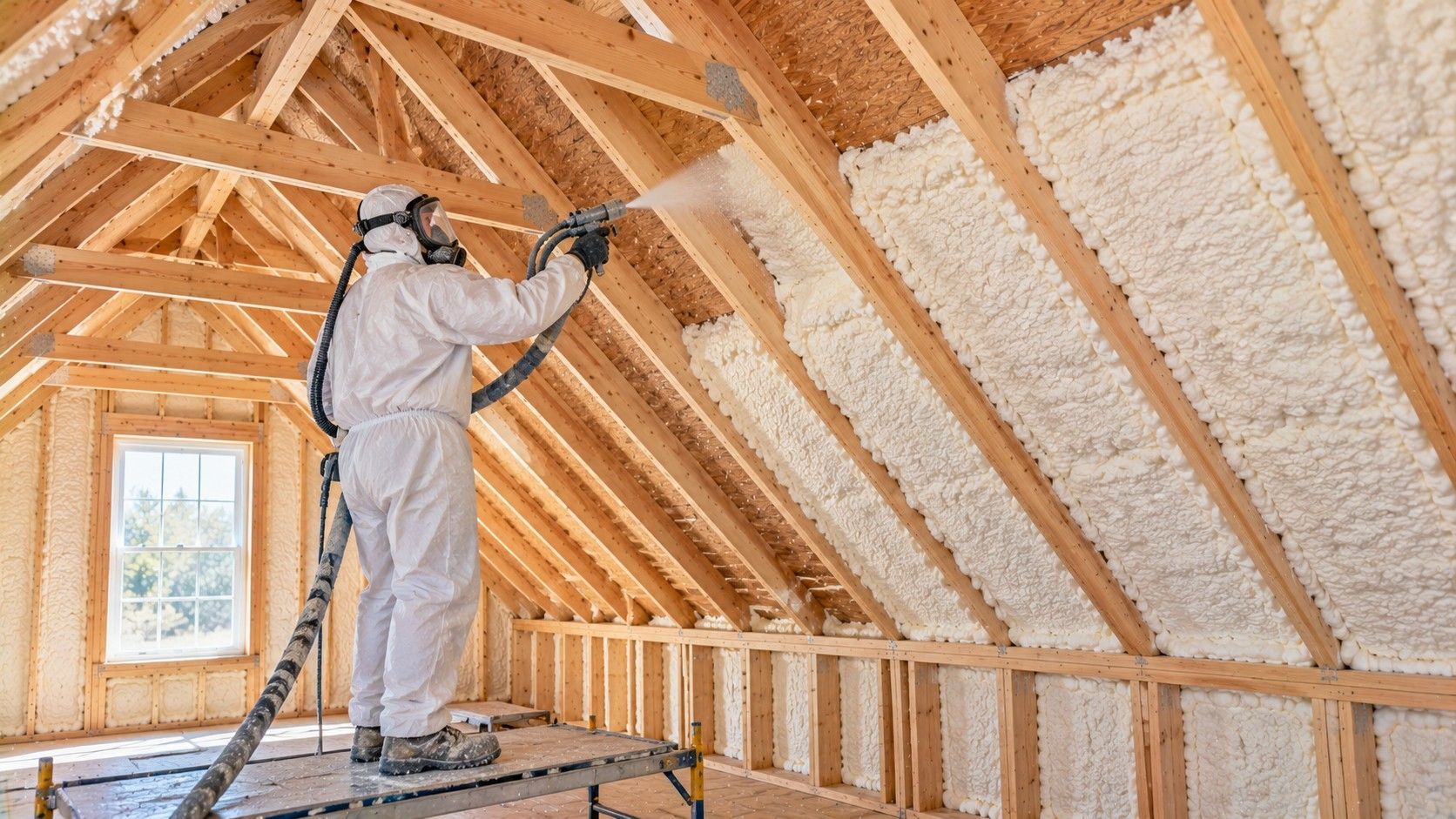 Professional insulation technician wearing protective equipment applying expanding open-cell spray foam insulation between wooden roof rafters inside a residential attic.