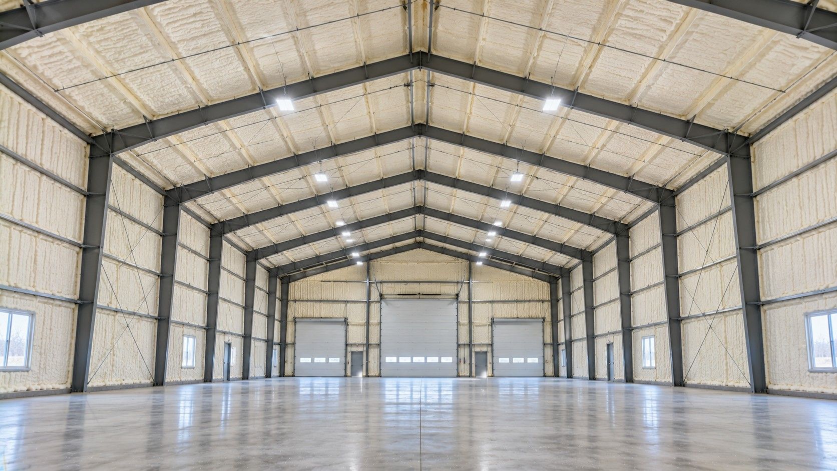 Completed metal warehouse spray foam insulation covering corrugated roofing and interior walls with exposed steel framing.