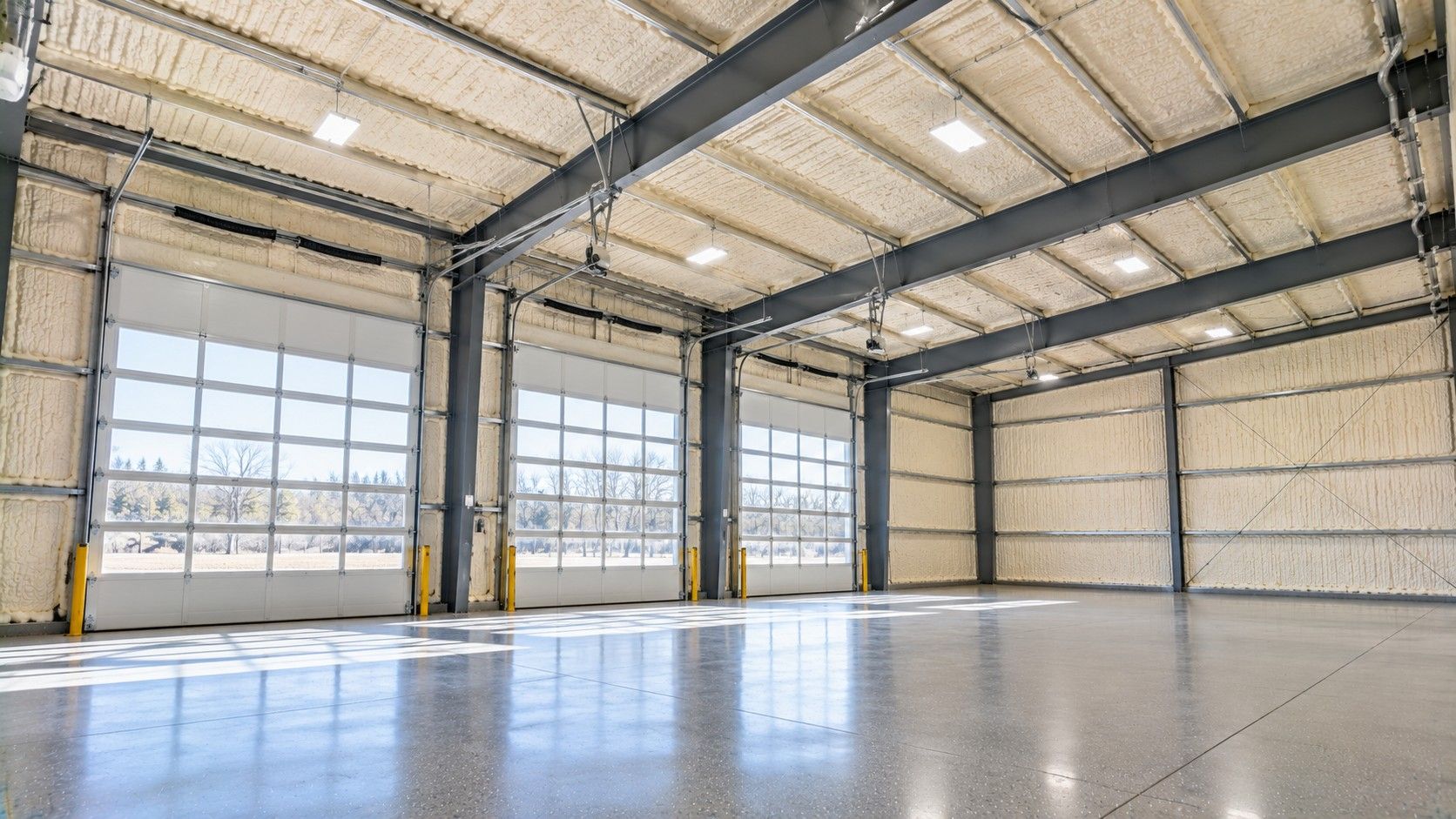 Completed closed-cell spray foam insulation inside a commercial metal automotive workshop with insulated walls and overhead roofing.