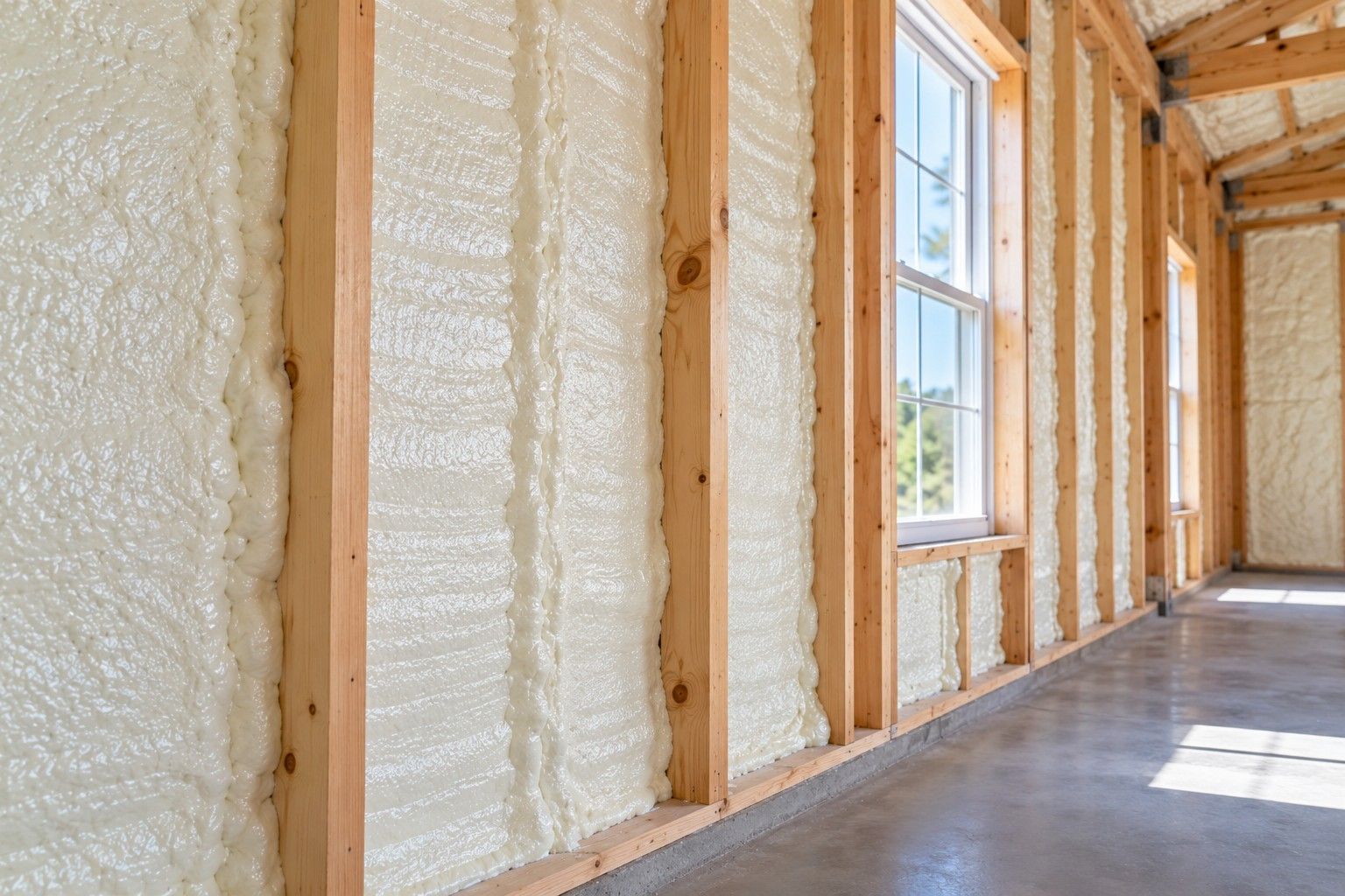 Completed closed-cell spray foam insulation evenly applied between exposed wooden wall studs, featuring thick foam coverage, large windows, and a clean concrete floor in a Fall River, Massachusetts property.