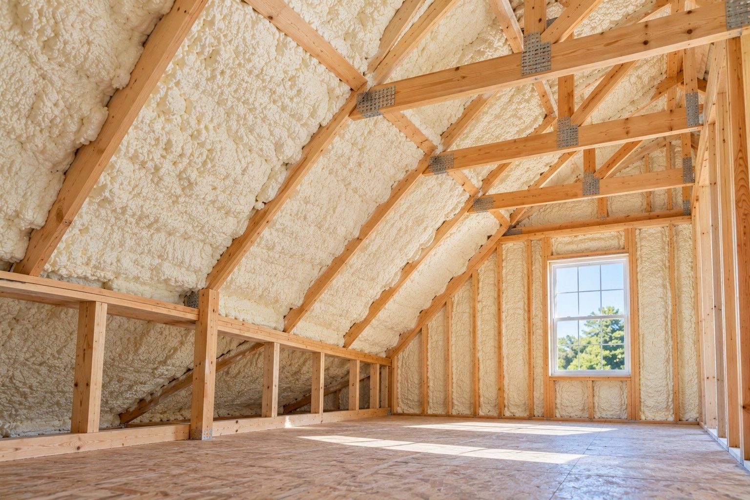 Completed open-cell spray foam insulation covering sloped attic roof decking and wall cavities, featuring exposed wooden rafters, structural framing, and consistent foam coverage in a Fall River, Massachusetts home.