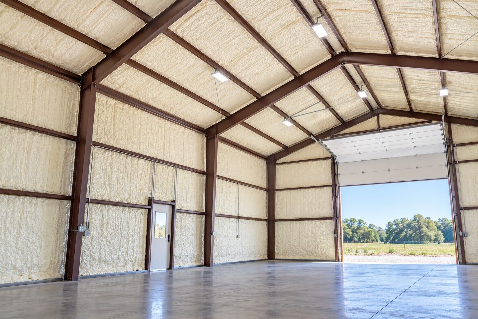 Completed spray foam insulation covering interior metal walls and roof panels, featuring exposed steel beams, a spacious concrete floor, and an open garage door in a Fall River, Massachusetts metal building.