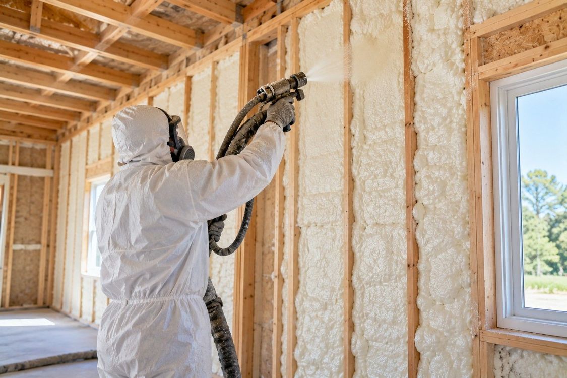 Professional spray foam insulation technician wearing full white protective gear and a respirator applying spray foam between exposed wooden wall studs during a residential insulation project in Fall River, Massachusetts.