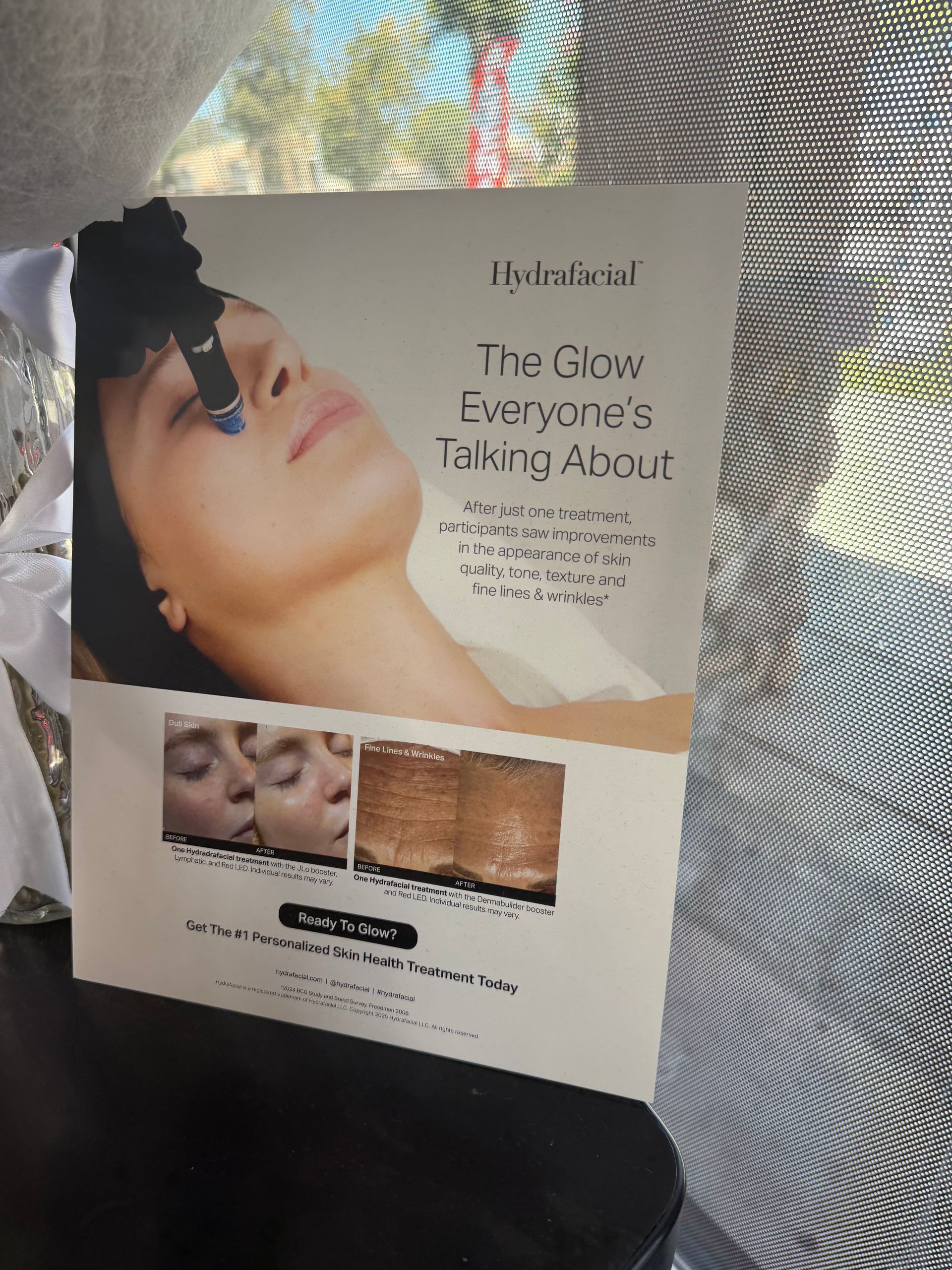 Product flyer for “The Glow Everyone’s Talking About” featuring a woman’s face and skin close-ups