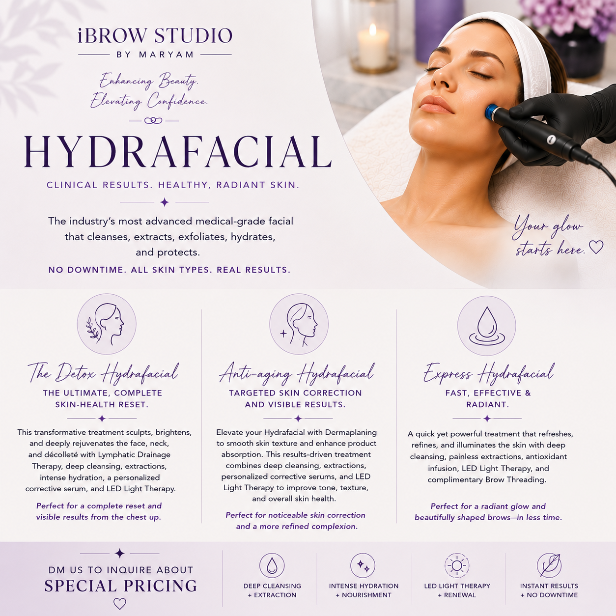 Hydra facial spa promo with woman receiving treatment on a lavender background