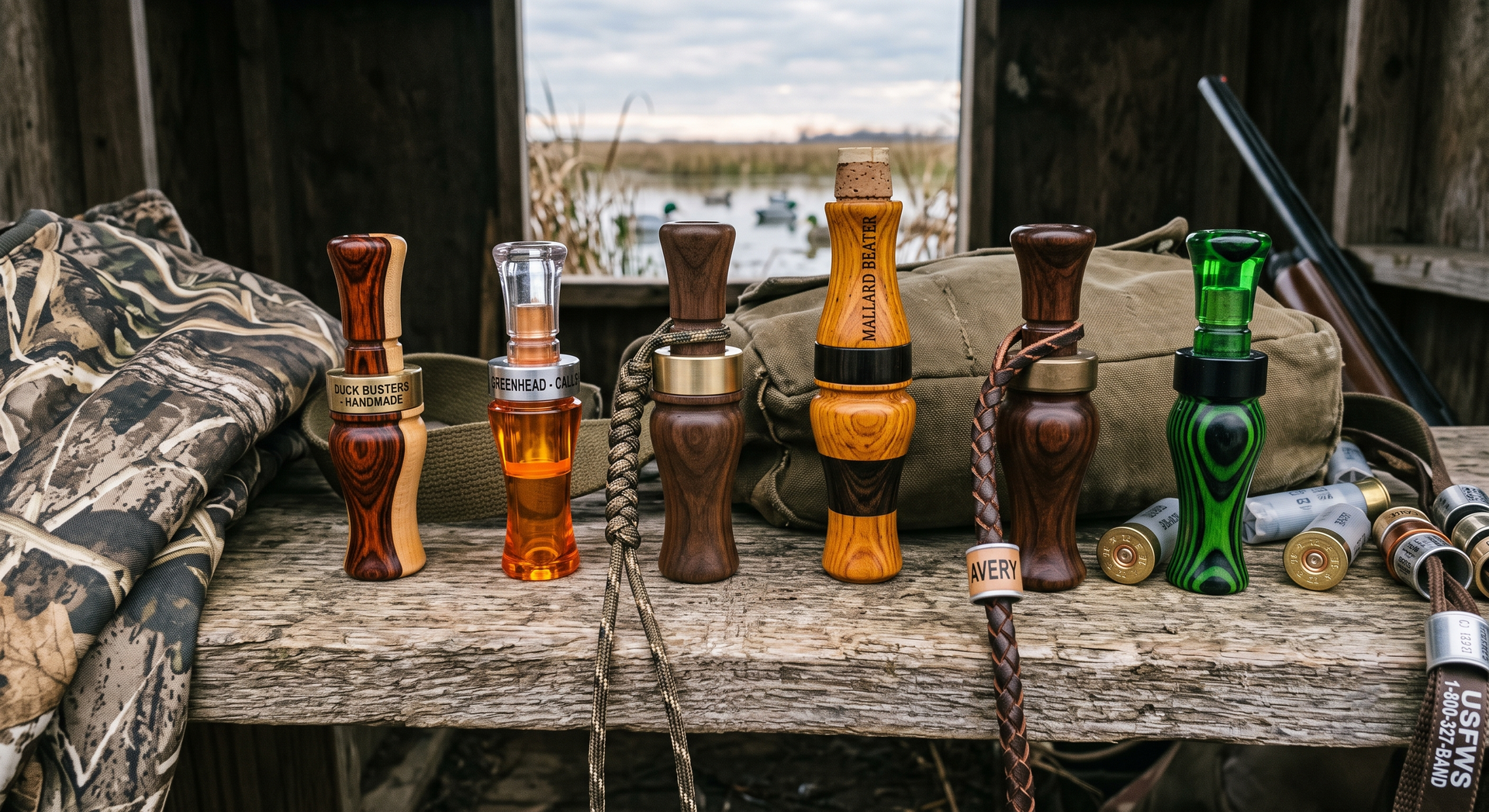 Assorted carved wooden bottles and vases displayed on a rustic outdoor table with chains and camouflage cloth.
