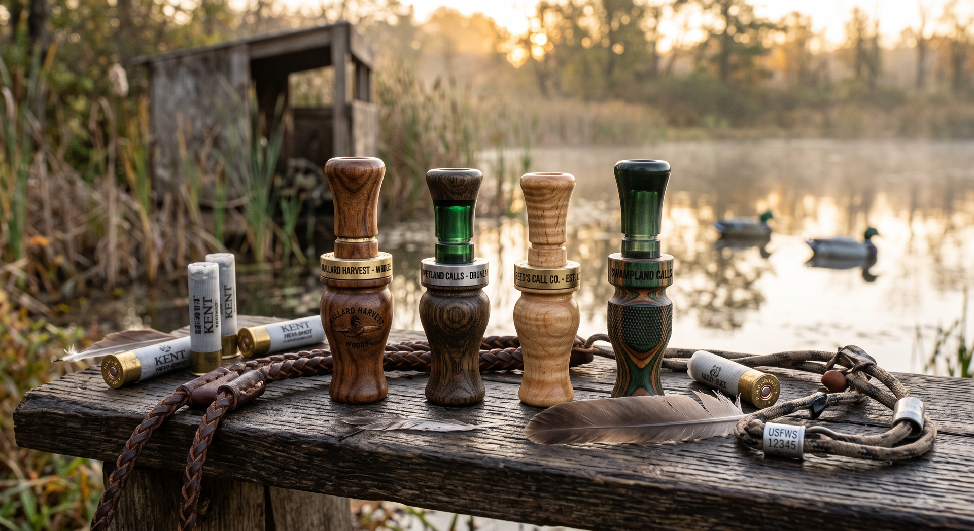 Fishing gear and several wooden calligraphy pens on a rustic table by a misty lakeshore at sunrise