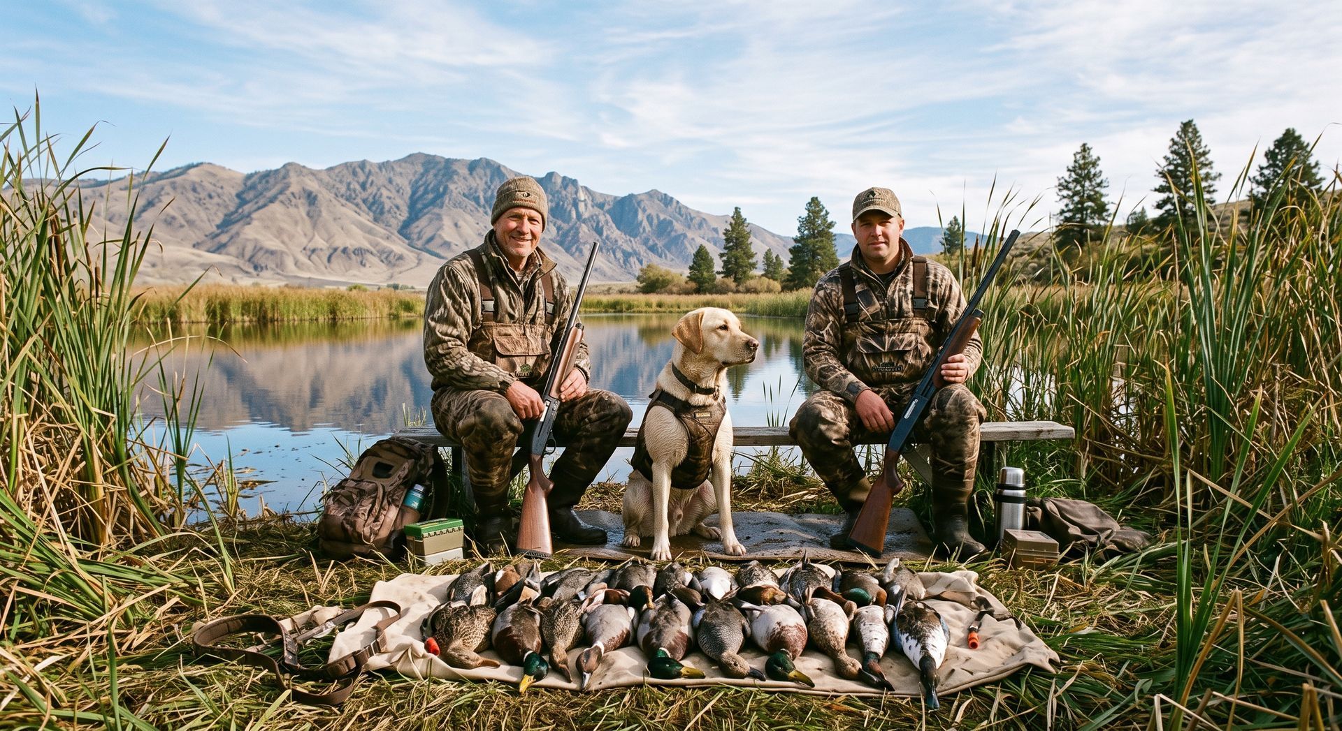 Two hunters with a dog beside a pile of ducks by a lake, with mountains and trees in the background