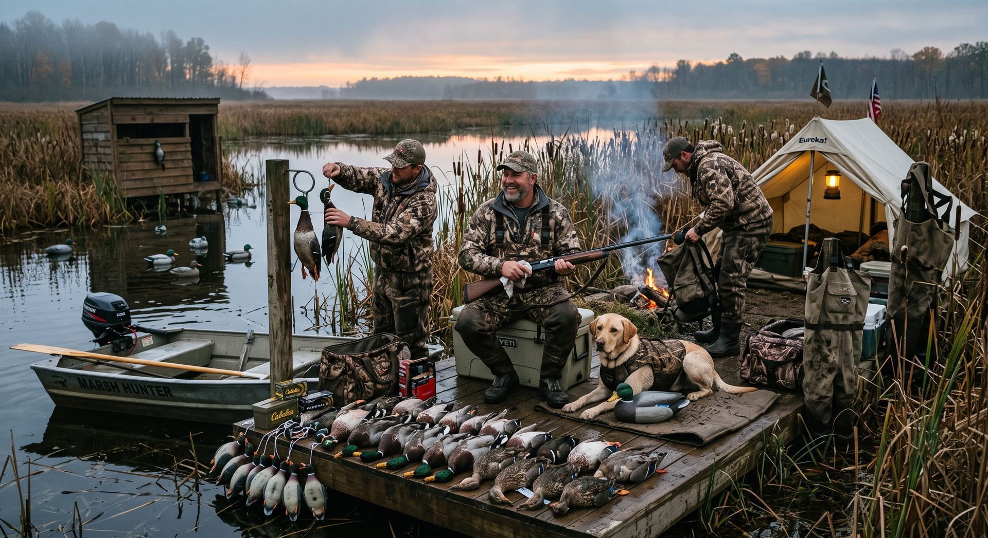 Duck decoys on a floating platform beside a calm lake at sunset, with a small wooden hut nearby.