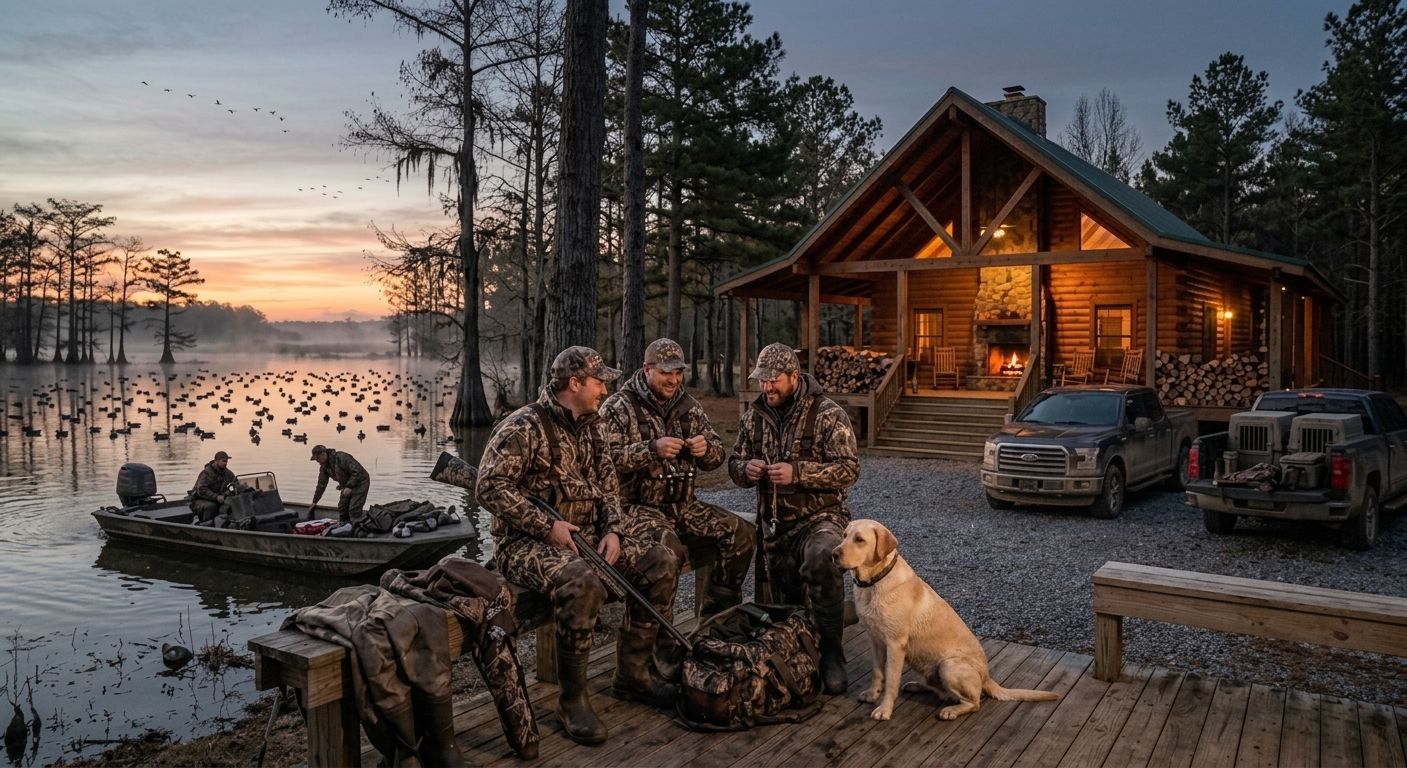 Camouflaged group with dog beside a lit lakeside cabin at dusk, with boats on calm water.