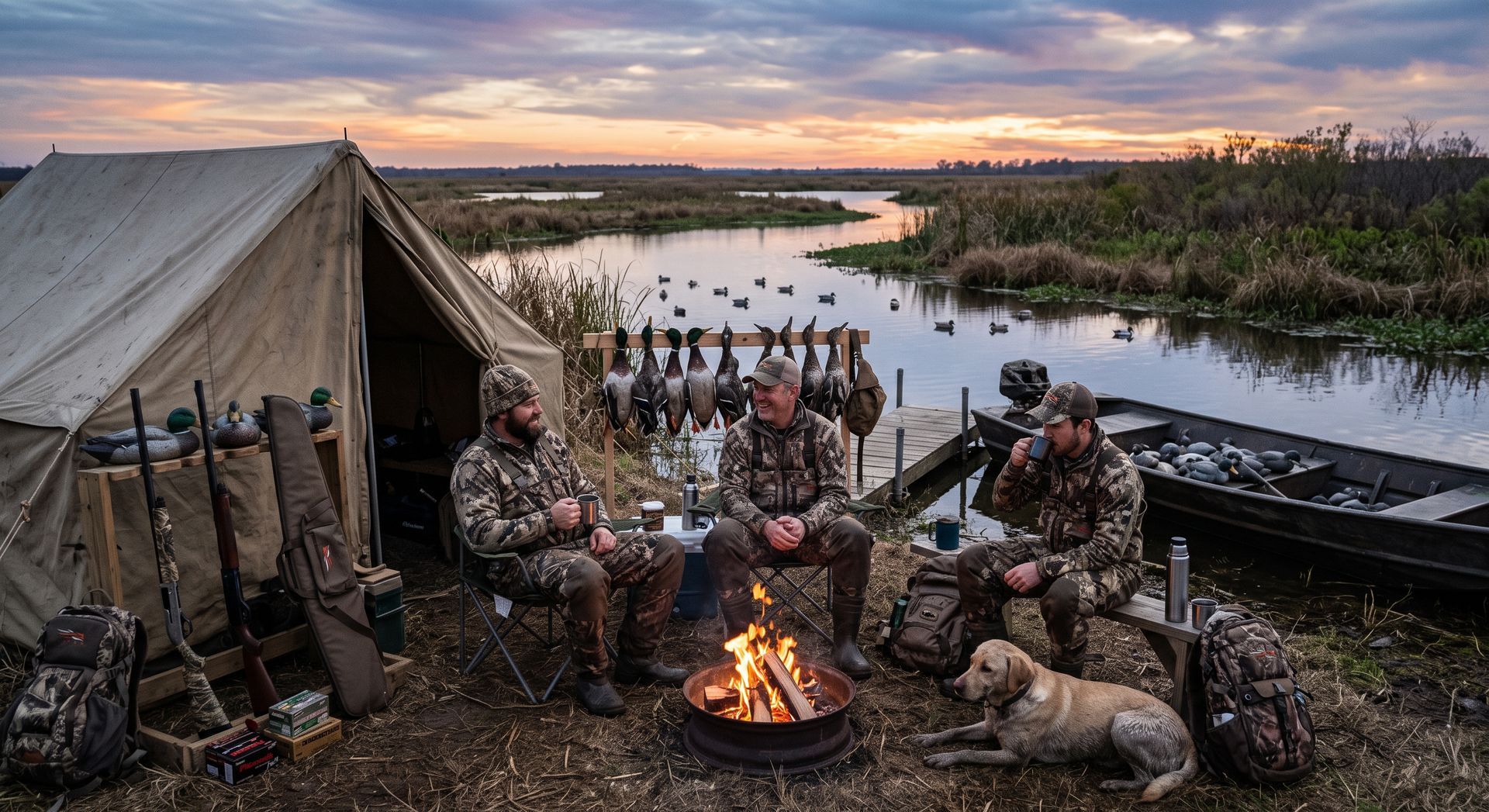Soldiers camp beside a river at sunset, sitting around a campfire near a tent and military boat.