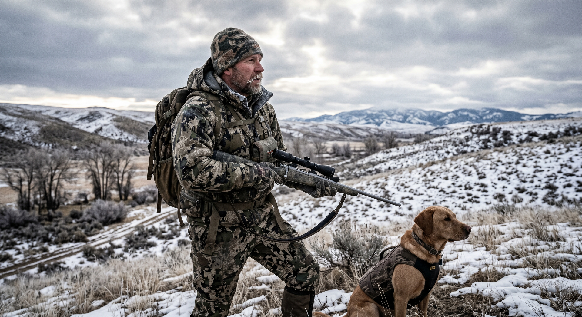 A person in camouflage hunting gear and a dog in a tactical vest stand on a snow-covered hill in a mountainous landscape.