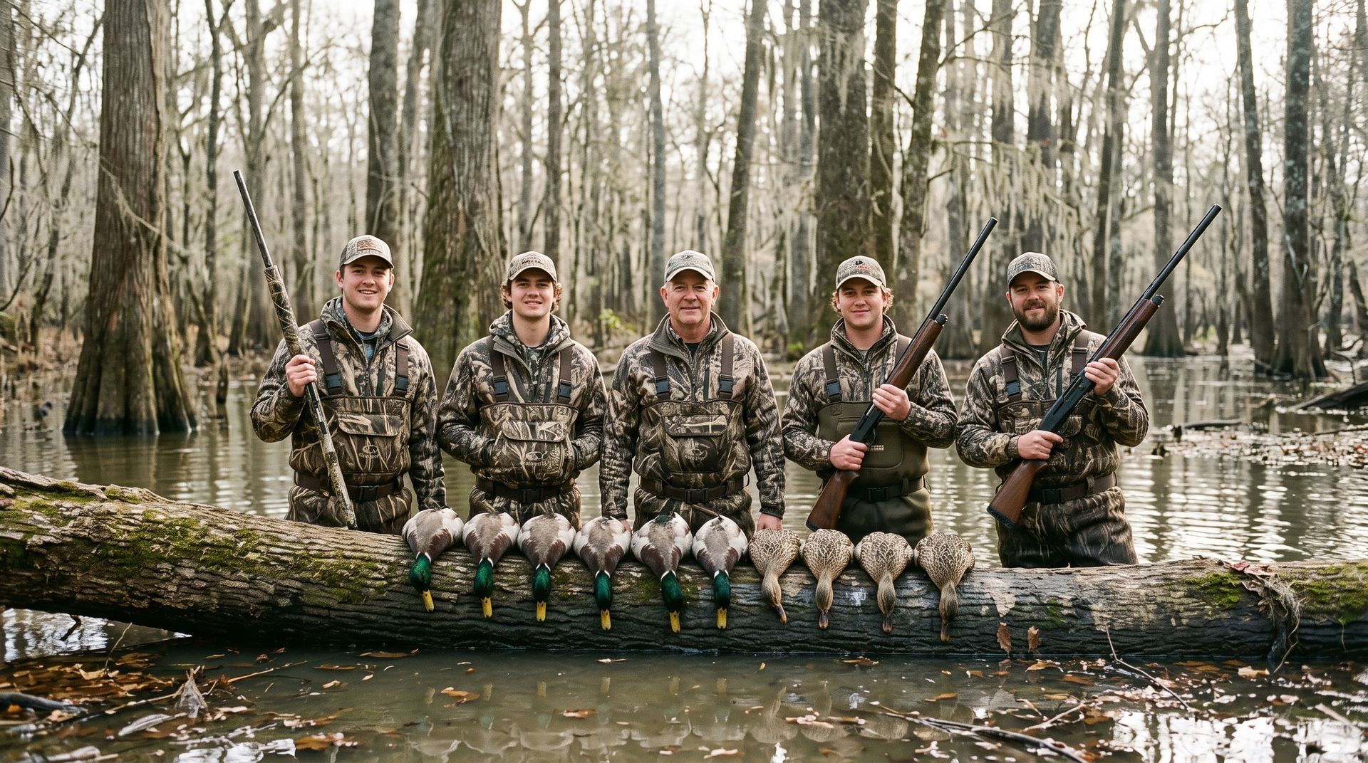 Five hunters in camouflage pose with ducks in a flooded marsh at sunrise
