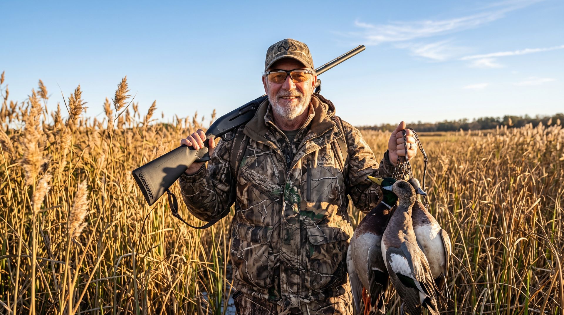 Hunter in camouflage holding a shotgun and duck in a sunlit marsh field at sunset