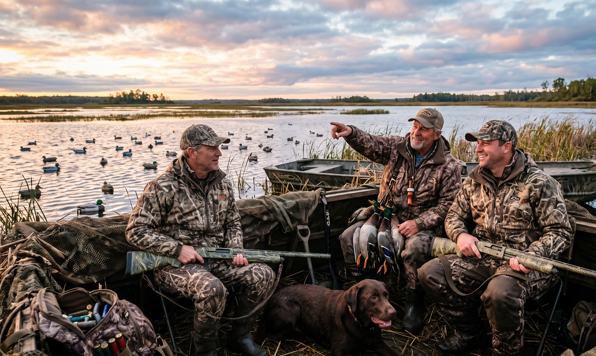 Hunters in camouflage sit by a marsh with a dog, holding ducks at sunset.