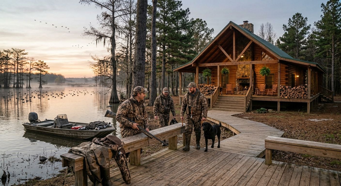 Cabin by a misty lake at sunrise, with hunters and dogs on a wooden dock, boats nearby.