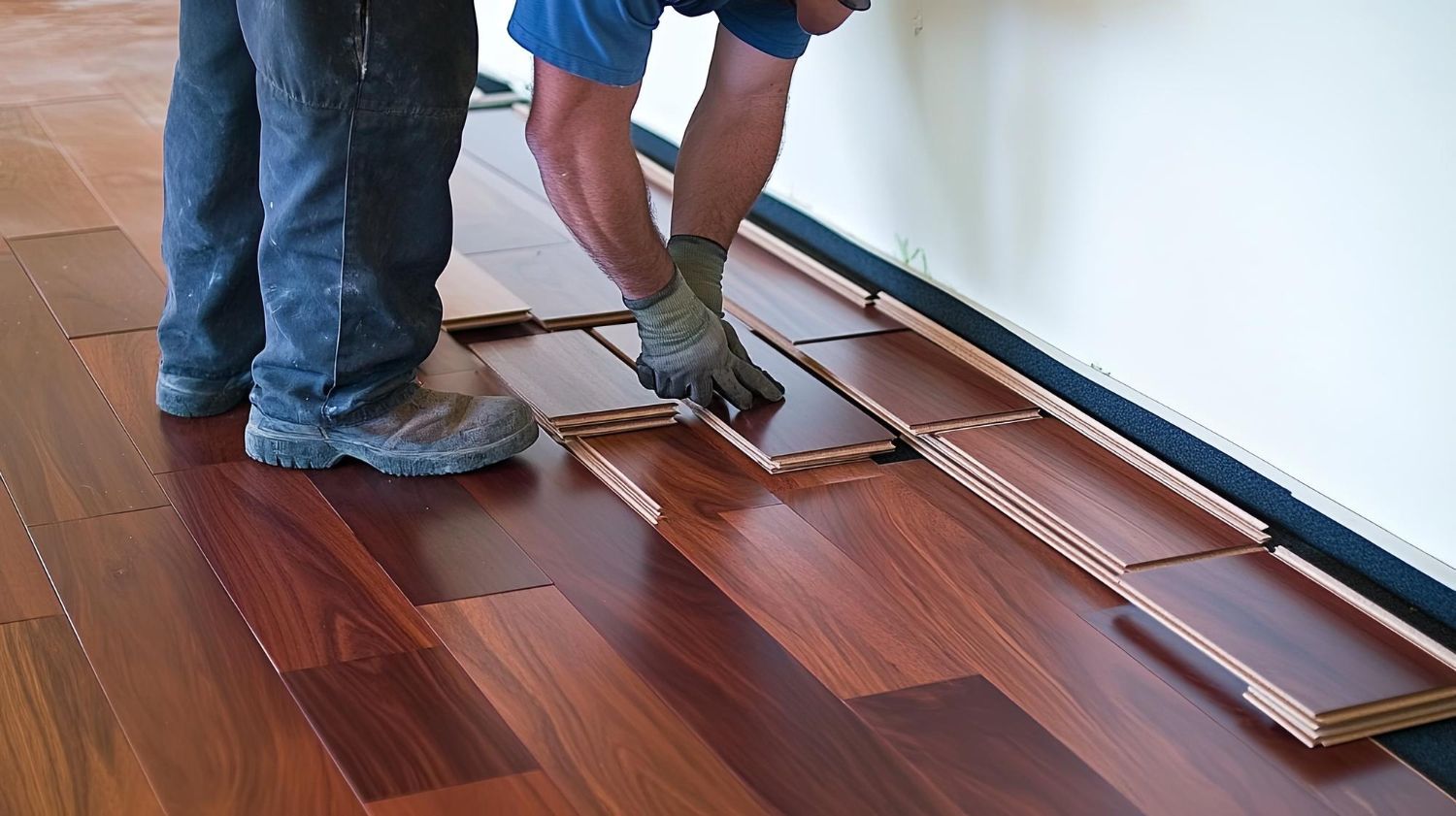 Two workers installing reddish-brown hardwood flooring with tools in a room