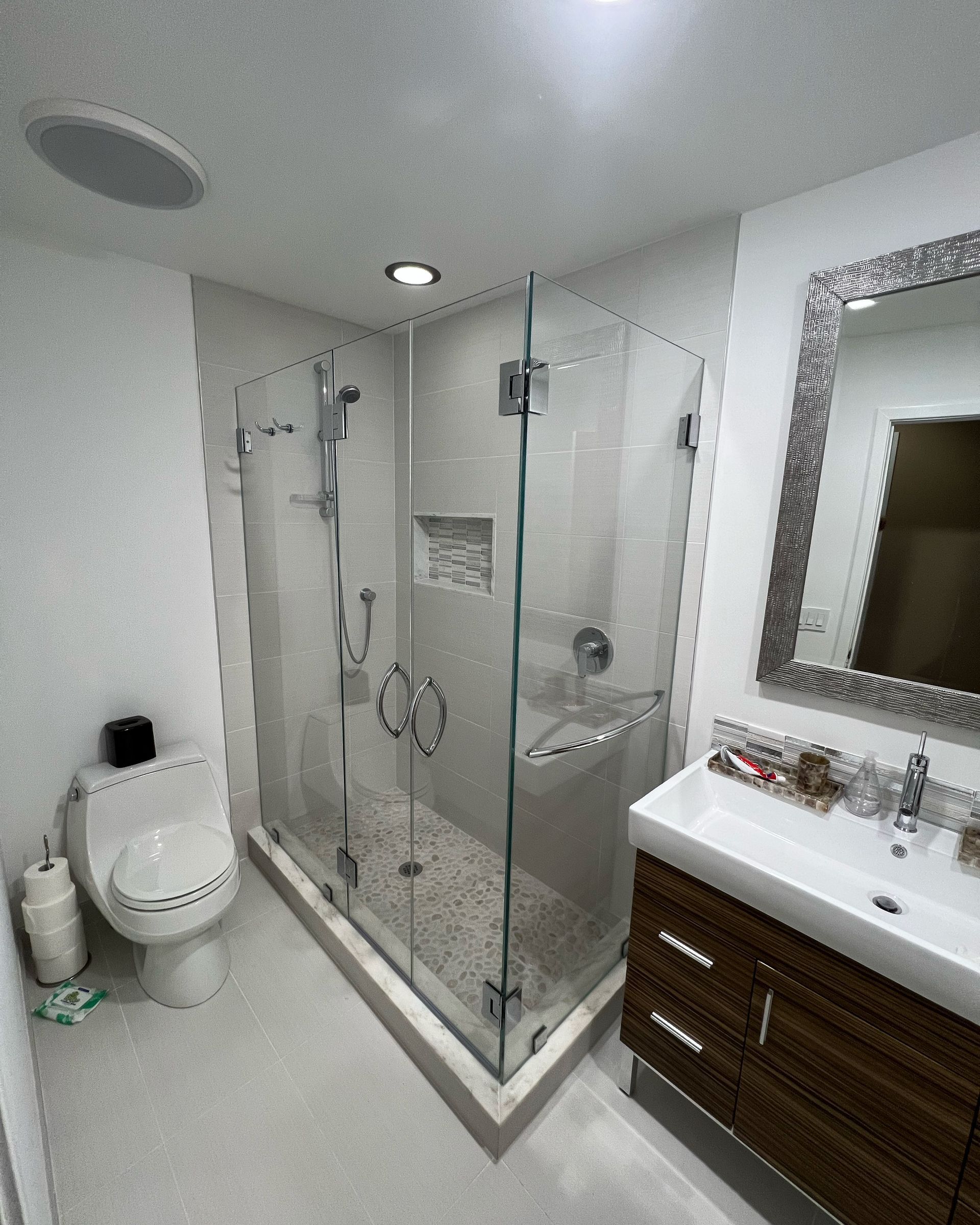 Modern bathroom with glass-enclosed shower, toilet, and vanity with large mirror.