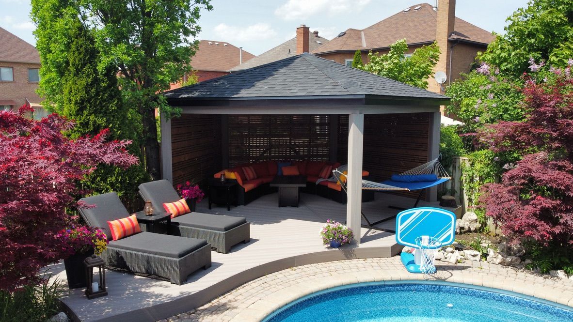 There is a gazebo and a pool in the backyard.