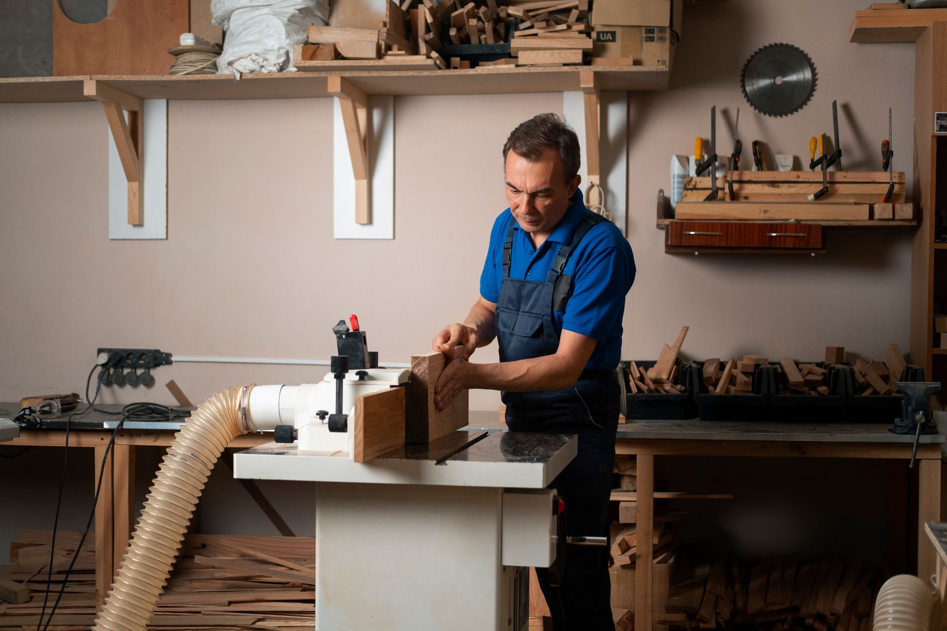 A man is cutting a piece of wood on a machine in a workshop.