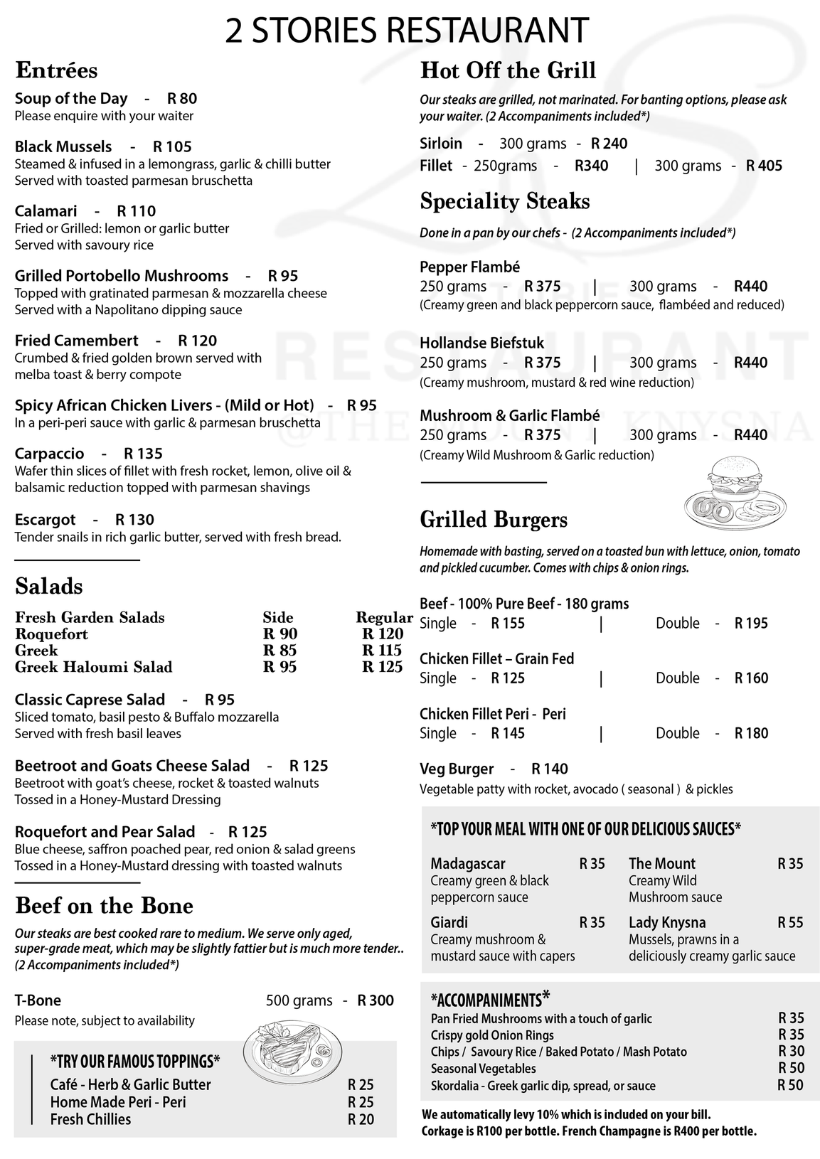 Menu from 2 Stories Restaurant with various food items listed.