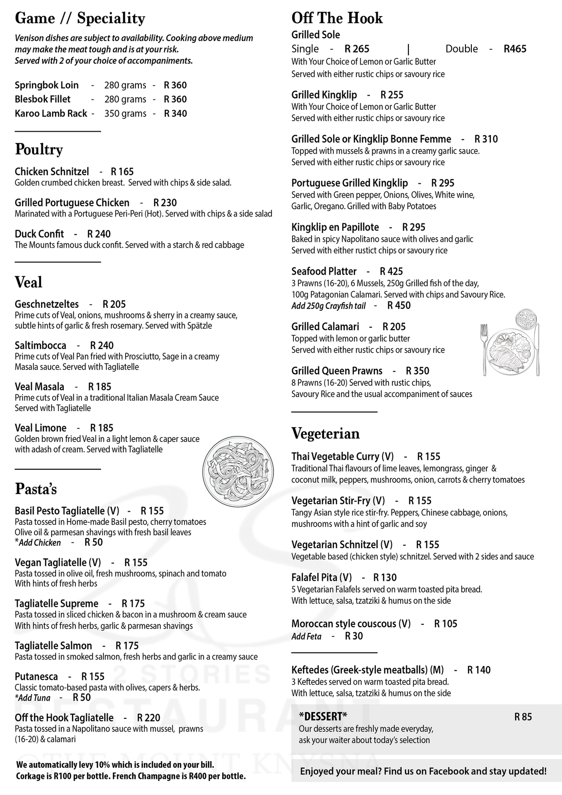 Menu with various food items and prices listed. Restaurant logo in the center.