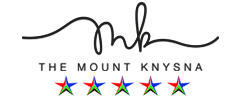 Logo for The Mount Knysna hotel with five stars colored red, blue, green and the initials