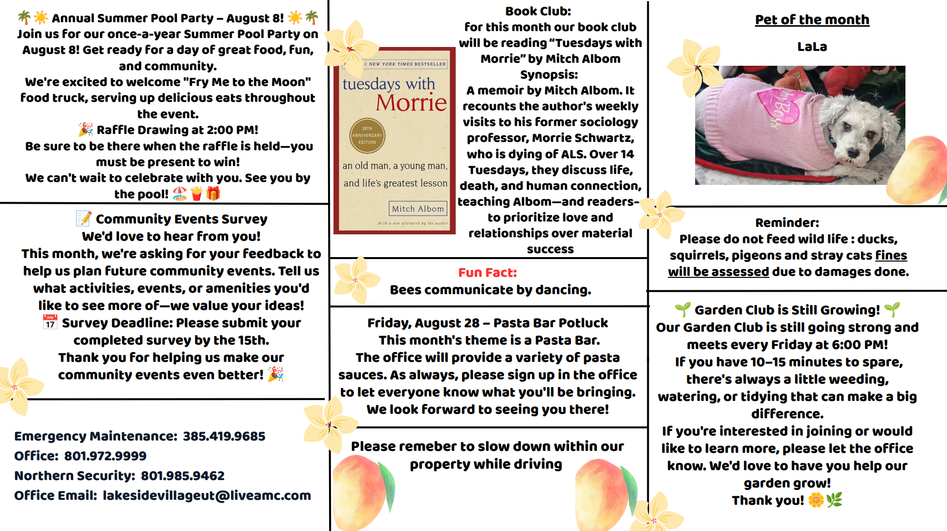 An apartment community flyer with event details, pet policies, contact information, a puppy photo, and a QR code.