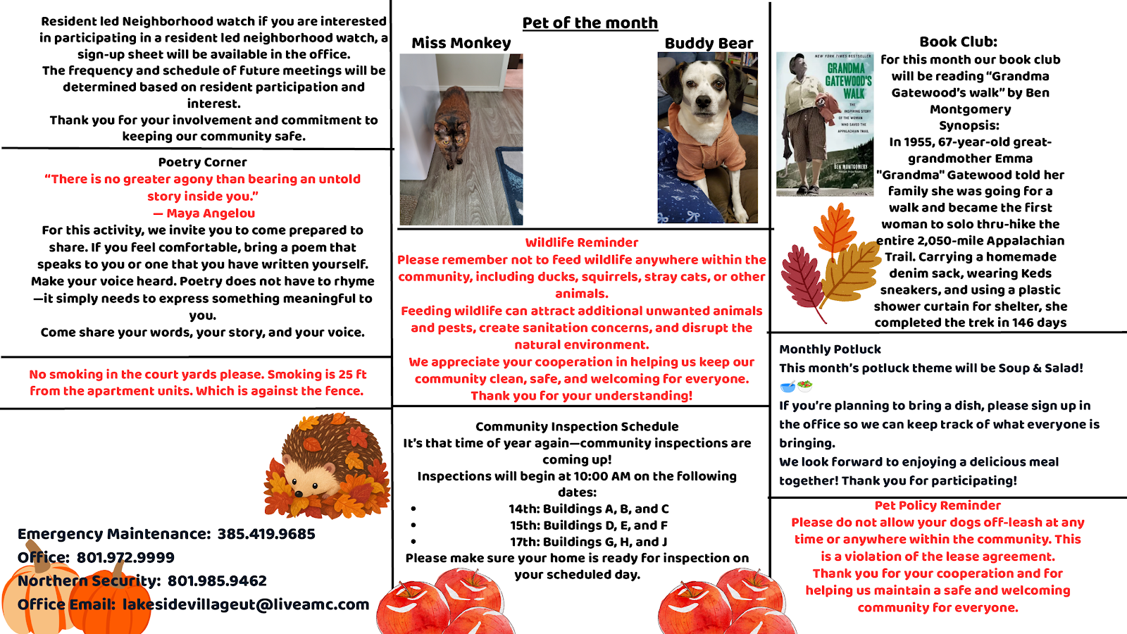 An apartment community flyer with event details, pet policies, contact information, a puppy photo, and a QR code.