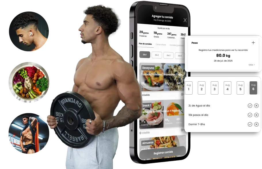 Muscular man holding weight, with a phone showing a fitness app and food images. JUNIOR WORKOUT