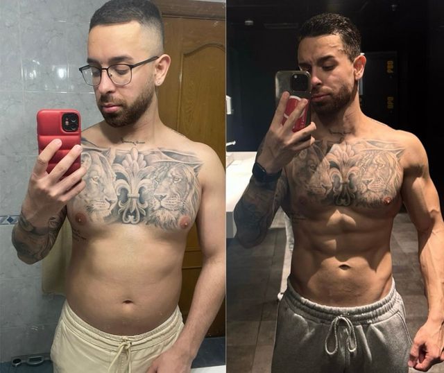 Before and after photos of a man. The first shows him with a less defined physique; the second, a muscular build. Both selfies, indoor setting.